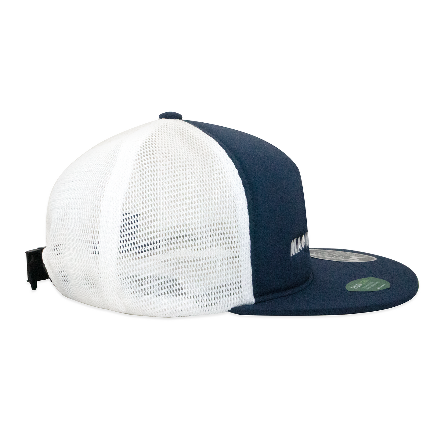 Two-tone white and navy blue cap on a white background