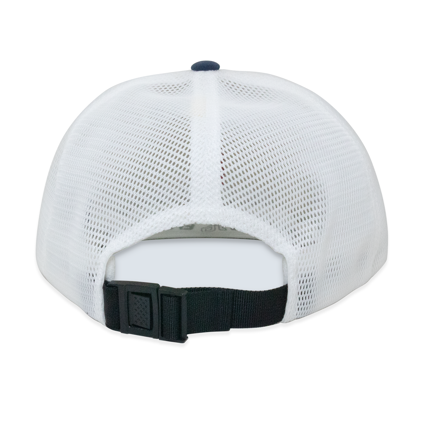 White mesh cap with black strap on a white background