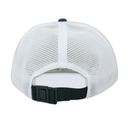 White mesh cap with black strap on a white background