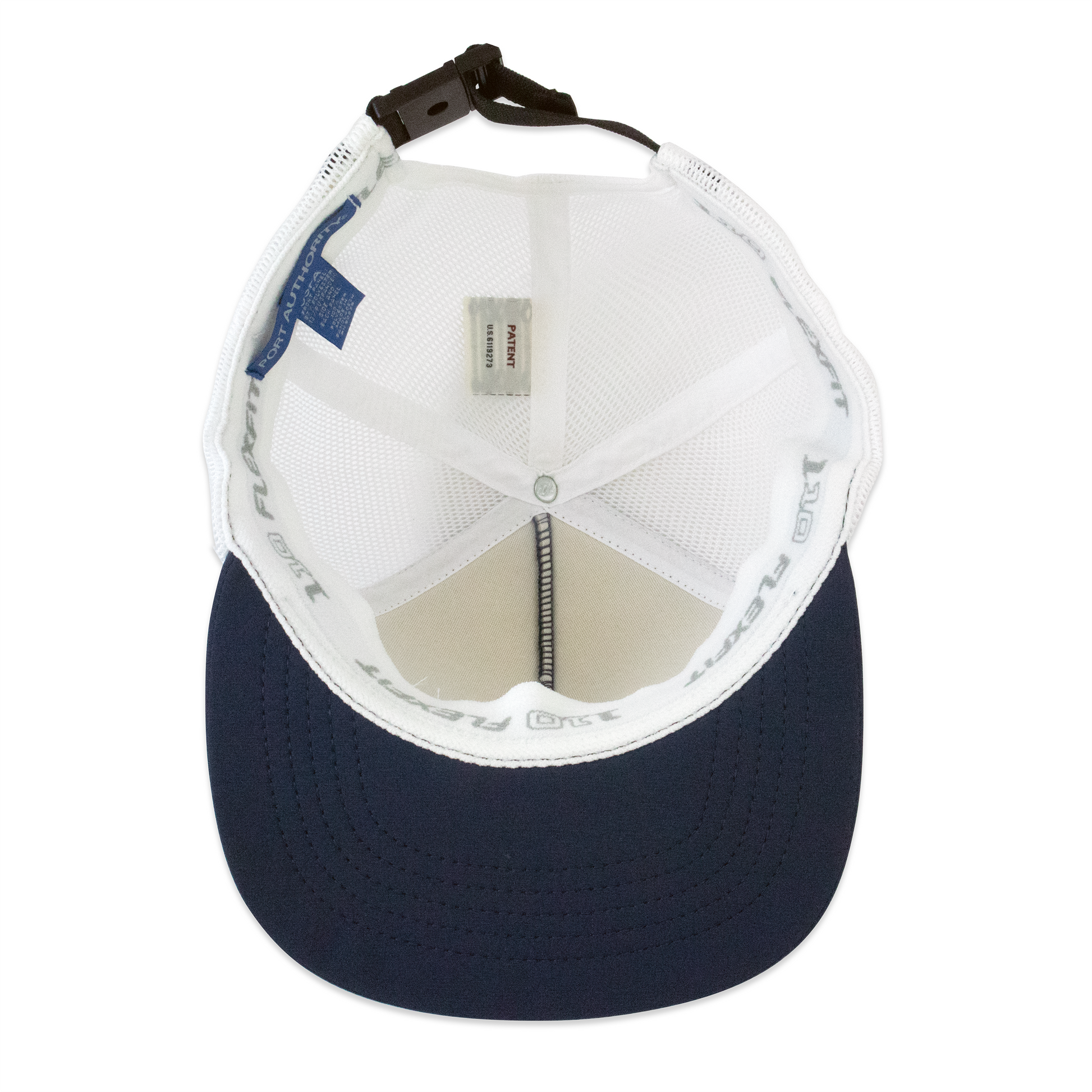 Navy and white cap with mesh back on a white background